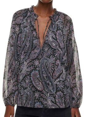 Little Moon Daytrip Paisley Blouse XS Boho Sheer Tie Neck NWT